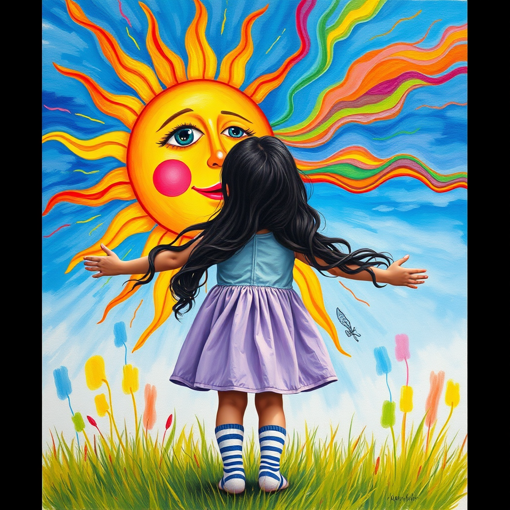 A depiction, in colorful paints, of a little girl, back to the viewer, short stripy socks, lilac and blue dress, arms outstretched, long black wavy hair being blown by the breeze, bight summer's day, up in the blue sky a giant colorful sun face, with pretty eyes, pink lips, colorful swirls, and rainbow colored flames shooting off in all directions