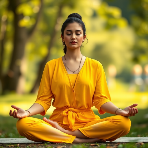 Create a serene image of a woman meditating in a lotus position, wearing a vibrant yellow outfit, with soft lighting and a blurred nature background, shot with a Canon EOS R5, 50mm lens, f/1.8 aperture, ISO 100, and a shallow depth of field to enhance focus on the subject.
