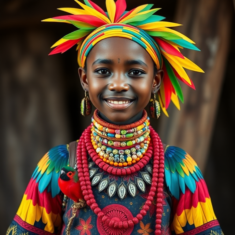 A beautiful Garifuna girl, wearing colorful bird clothing with vibrant colors