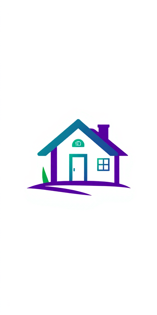 Create a vibrant logo featuring a stylized house with a green and purple color scheme, showcasing a modern design with angular shapes and strong lines, captured with a Canon EOS 5D Mark IV, 50mm lens, f/2.8 aperture, ISO 100, in high-resolution format for sharp details and vivid colors.