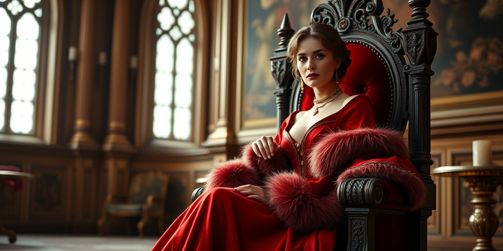 portrait of a regal woman in a luxurious red gown with fur trim sitting on a throne in a grand castle interior, soft natural lighting, f-stop 2.8, ISO 100, 85mm lens, shallow depth of field, DSLR camera