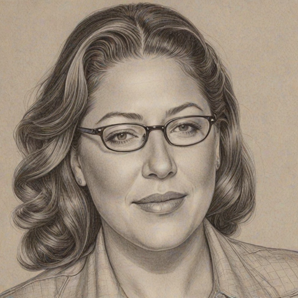 Enticing Camryn Manheim, pencil sketch, portrait of Magnificent woman 1947s in glasses, hair style beatnik, outline, clear lines, fine lines, 8k