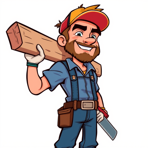 Create a colorful cartoon-style illustration of a handyman with a determined expression, carrying a large wooden beam on his shoulder, holding a handsaw in one hand, set against a bright, simplistic background, using a digital art style with high contrast and vivid colors, camera settings: f/4.5, ISO 100, 1/200 sec, camera view: medium shot, camera style: playful and dynamic, camera type: digital illustration.