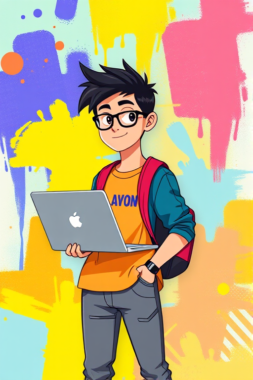 Create a vibrant illustration of a character in a casual outfit holding a laptop, set against a colorful abstract background, captured with a Canon EOS R5 camera, 50mm lens, f/1.8 aperture, ISO 100, in portrait orientation with soft diffused lighting.