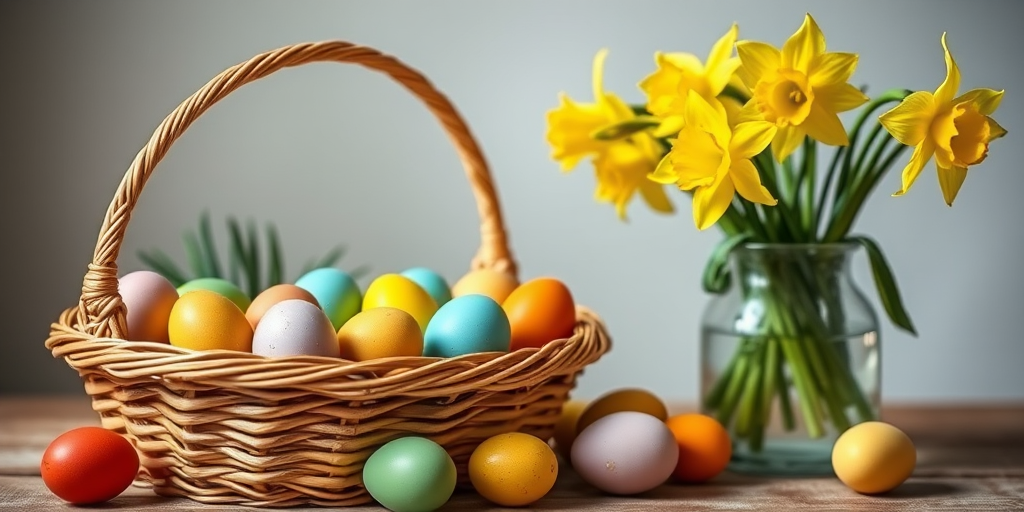 A vibrant still life featuring a woven basket filled with colorful Easter eggs beside a vase of bright yellow daffodils, captured with a Canon EOS R5, 50mm f/1.8 lens, f/2.8 aperture, ISO 100, natural light from the left, soft focus background for depth.