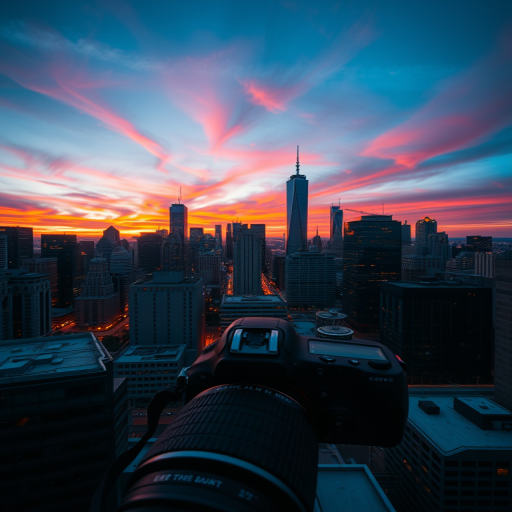 Create an image of a modern city skyline at sunset with vibrant colors, using a DSLR camera with a 50mm lens, aperture set to f/8, ISO 100, shutter speed 1/200s, captured from a high vantage point for a panoramic view.