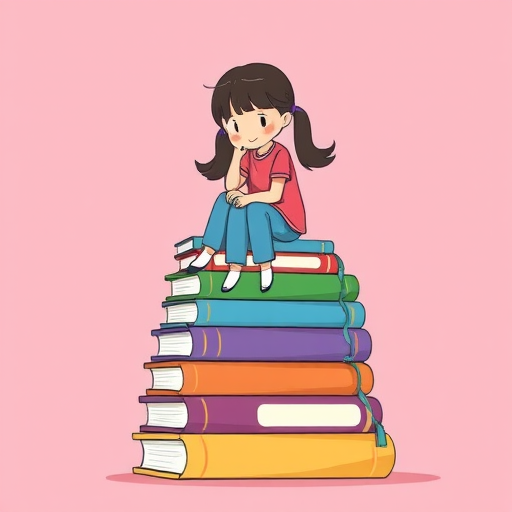 Regenerate an illustration of a girl sitting on a stack of colorful books, using a clean and simple design style, with a soft pink background, shot with a DSLR camera at f/2.8 aperture, 50mm lens, natural lighting, and shallow depth of field for a smooth blur effect.