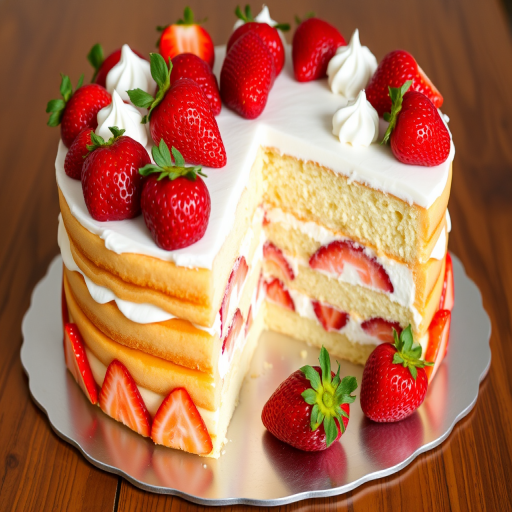 A delicious layered cake with a light yellow sponge base filled with whipped cream and fresh strawberries, topped with whole strawberries and decorative dollops of cream, served on a silver cake board, with a slice cut out to reveal the filling inside.