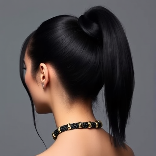 Sleek high ponytail in jet black, wrapped with a section of hair and adorned with gold cuffs, showcasing polished elegance with a touch of edge