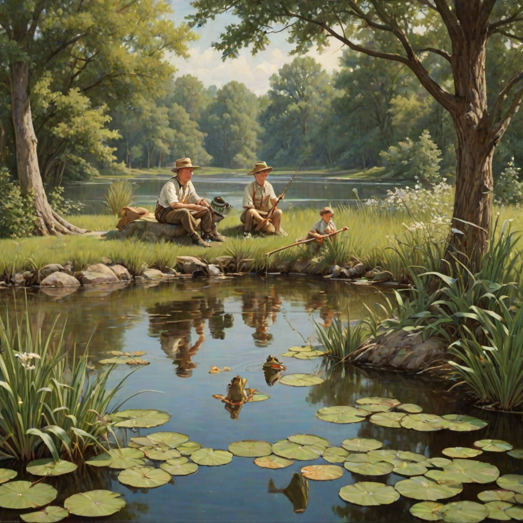 Imagine a small group of old fashioned young boys out fishing by the creek, a swing hanging from a tree branch, reeds and grasses by the water's edge, a frog sitting on a lily pad, dragonflies hovering over som water plans, a very iconic old fashioned scene reminiscent of a Norman Rockwell painting style