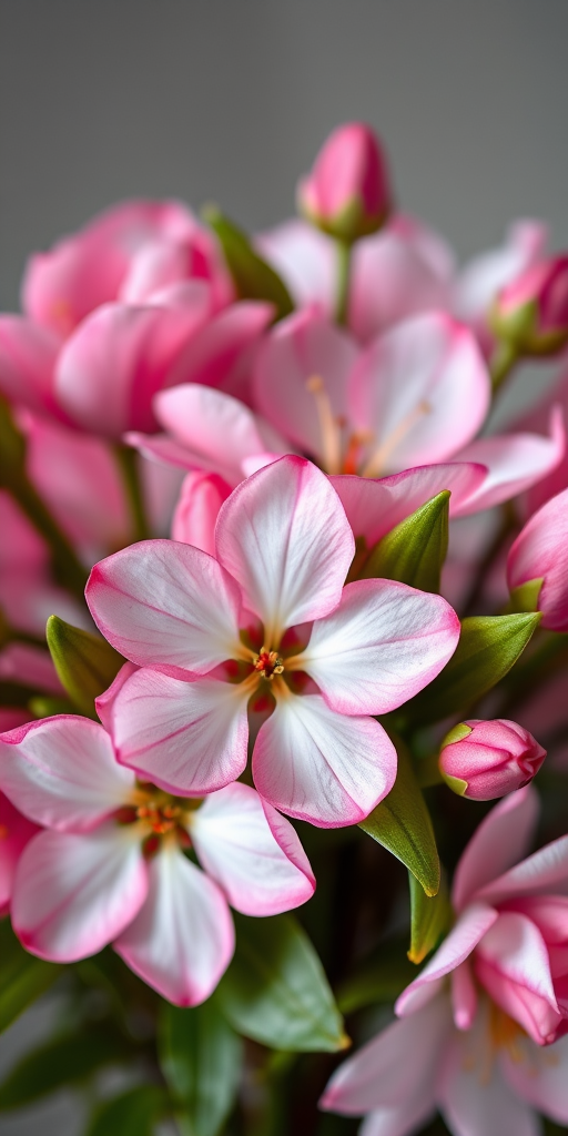 Create a high-resolution, realistic image of a floral arrangement featuring pink and white blossoms with green leaves, captured with a Canon EOS R5, 50mm lens, f/1.8 aperture, ISO 100, natural light, soft focus, emphasizing vibrant colors and delicate details.