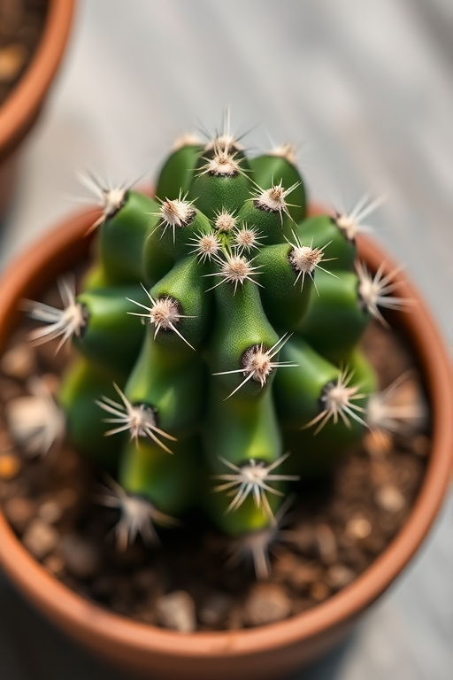 Create a high-resolution image of a green cactus with sharp spikes in a brown pot, captured with a Canon EOS 5D Mark IV at f/4.0, ISO 100, 50mm lens, in natural lighting from a slightly elevated angle for a vibrant and detailed view.