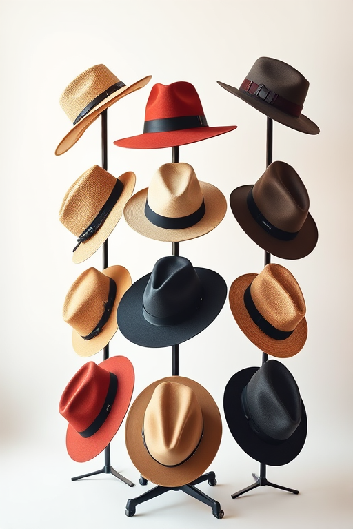 Capture a well-lit studio shot of a variety of stylish hats displayed on a vertical stand, using a DSLR camera, 50mm lens, f/2.8 aperture, ISO 100, natural light, with a shallow depth of field to softly blur the background.