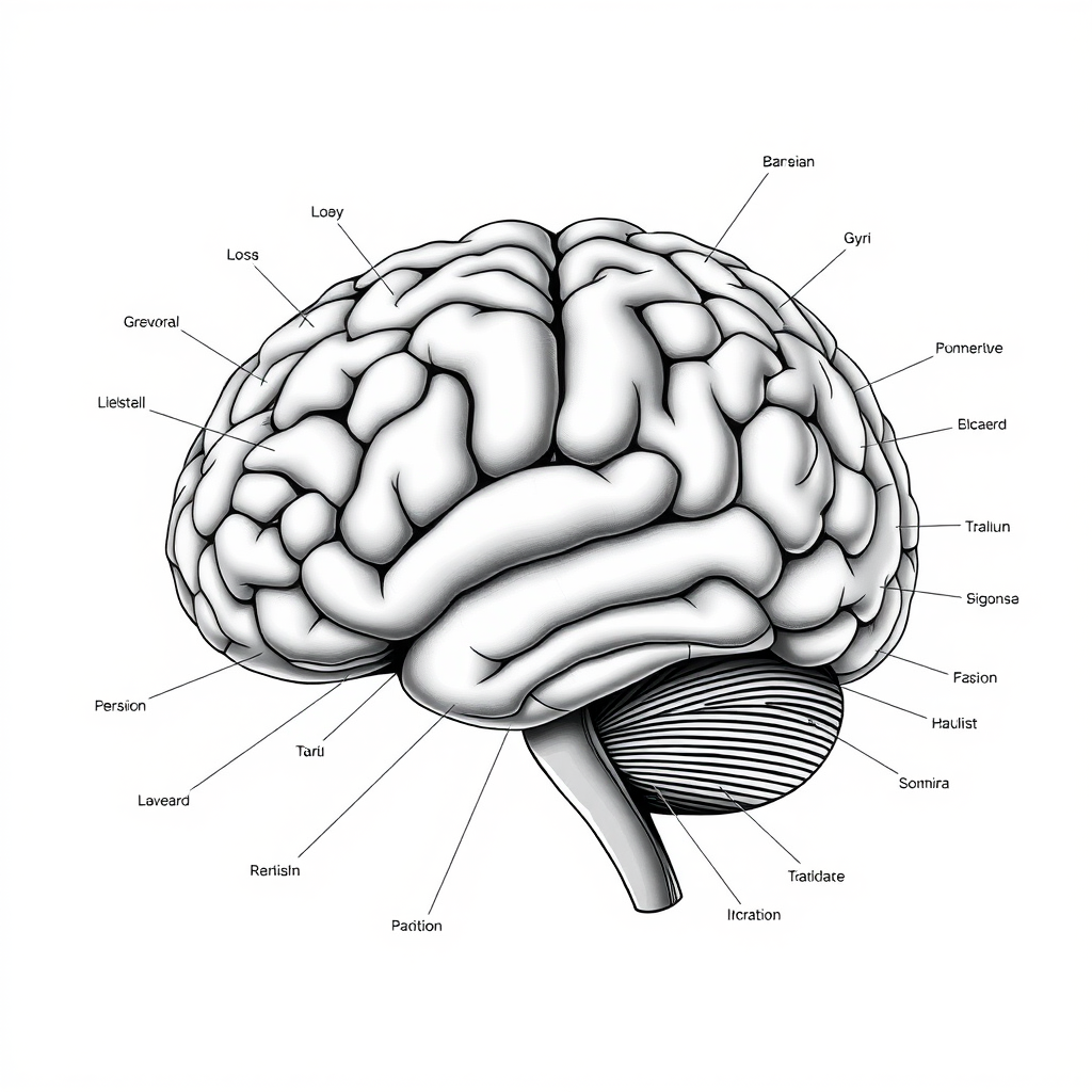 Generate a high-resolution diagram of the human brain with labeled lobes and gyri, using a Canon EOS R5 with a 50mm lens, f/2.8 aperture, and ISO 100, in a high-contrast, detailed illustration style.