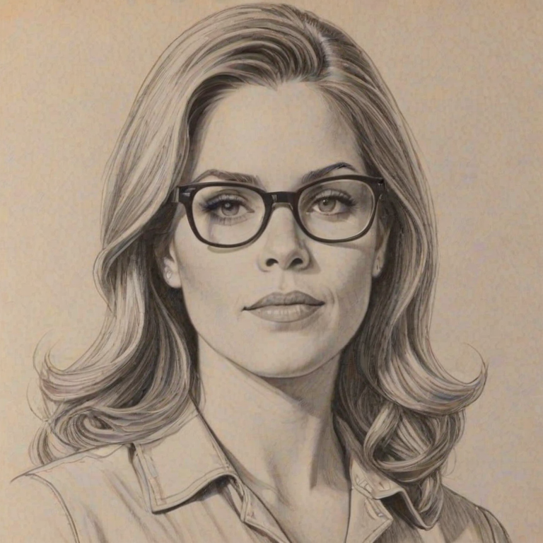 Lovely Mary McCormack, pencil sketch, portrait of Superb woman 1962s in glasses, hair style beatnik, outline, clear lines, fine lines, 8k