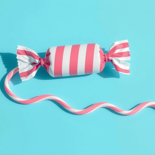 Create a vibrant illustration of a wrapped candy with pink and white stripes, using a DSLR camera with a 50mm lens, aperture set to f/2.8 for a shallow depth of field, shot from a high angle to emphasize the candy's shape, in bright natural lighting to enhance colors and details.