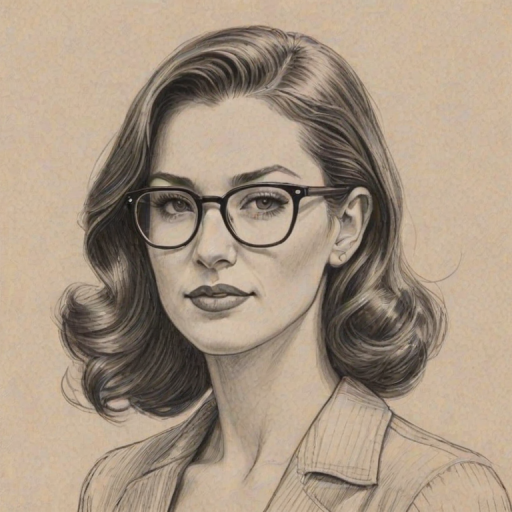 Elegant Becca Kufrin, pencil sketch, portrait of Charming woman 1941s in glasses, hair style beatnik, outline, clear lines, fine lines, 8k
