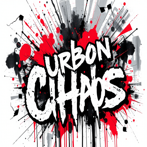 Trash polka tattoo artwork named "Urban Chaos" combining realistic black and grey elements with abstract splashes of vibrant red to create a dynamic and edgy design with text and graphic elements