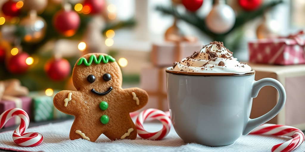 Create a cozy holiday scene featuring a gingerbread cookie with a smiling face and green icing details, placed next to a cup of hot cocoa topped with whipped cream and chocolate shavings. The background should have a softly lit Christmas tree adorned with ornaments and wrapped gifts, creating a warm, festive atmosphere. Include candy canes nearby for added holiday cheer.