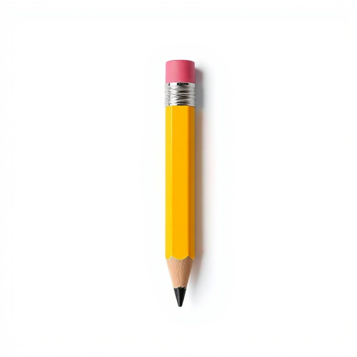 Create a digital illustration of a yellow pencil with a pink eraser, positioned vertically on a plain white background, with a focus on vibrant colors and clean lines, using a Canon EOS R5, 50mm f/1.8 lens, aperture f/2.8, ISO 100, natural lighting for enhanced clarity and detail.