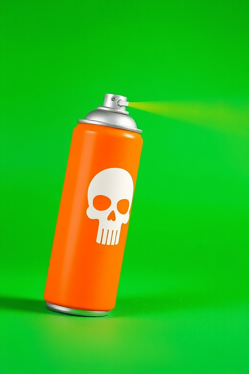 Create a high-resolution digital illustration of an orange spray can with a skull logo on a solid green background, using a Canon EOS R5 camera with a 50mm f/1.2 lens, aperture set to f/4, ISO 100, shot from a slightly low angle to enhance perspective, using vibrant colors and sharp details to emphasize the can's design.