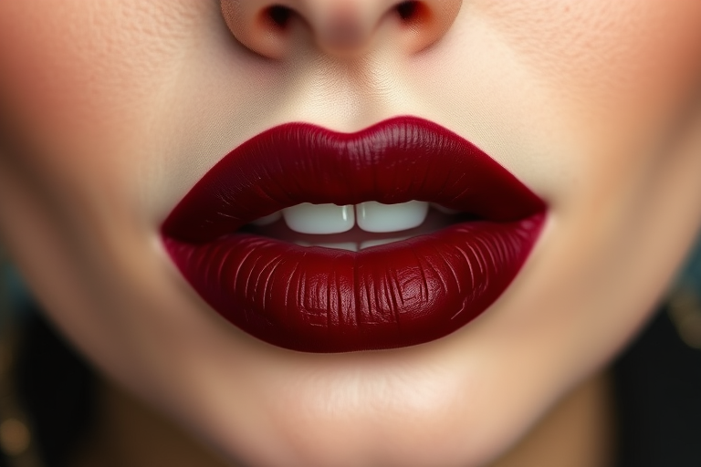 Matte burgundy lips with a perfectly defined cupid's bow and rich, deep color payoff, called "Vintage Vamp Velvet"