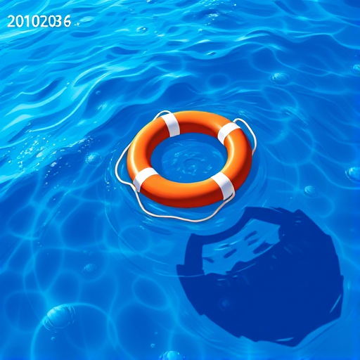 Create a high-resolution illustration of a life buoy floating in a vibrant blue ocean, captured from a slightly above angle, using a digital art style with a soft focus effect and bright, contrasting colors.