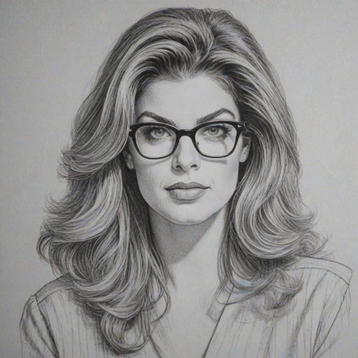 Resplendent Kirstie Alley, pencil sketch, portrait of Lovely woman 1980s in glasses, hair style beatnik, outline, clear lines, fine lines, 8k