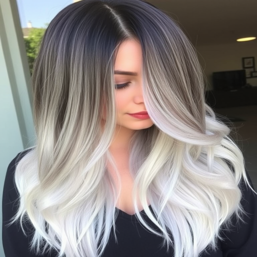 Dramatic silver ombre hair styled in the "Moonlit Cascade" features long, straight locks gradually fading from dark charcoal roots to brilliant silver tips