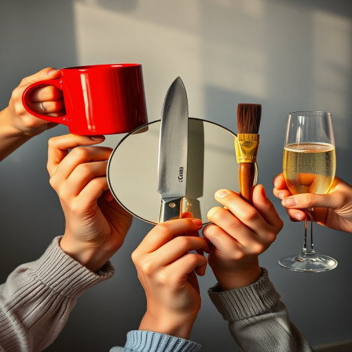 Create a high-resolution image of various hands holding a red coffee mug, a round mirror, a knife, a paintbrush, and a champagne glass, shot with a Canon EOS R5 zoom lens at f/2.8, ISO 100, at a 50mm focal length, with soft natural lighting to enhance details and textures.