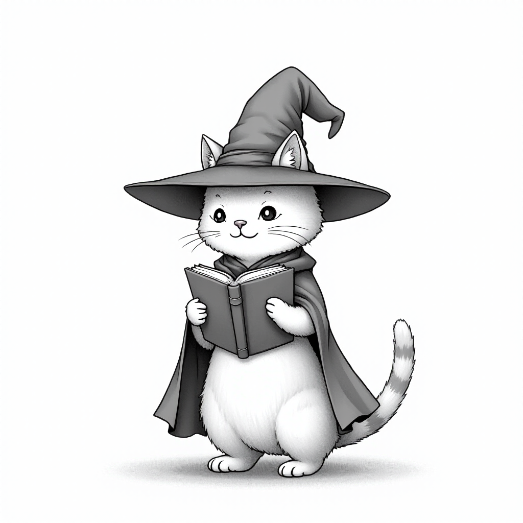 A grayscale illustration of a cat wearing a witch's hat and cloak. The cat is standing on its hind legs and is holding a spellbook in its paws and reading it intently. The hat is tall and pointed, with a wide brim and a pointed top. The cloak is draped over the cat's body, covering its body. The background is plain white, making the cat and the book the focal point of the image.