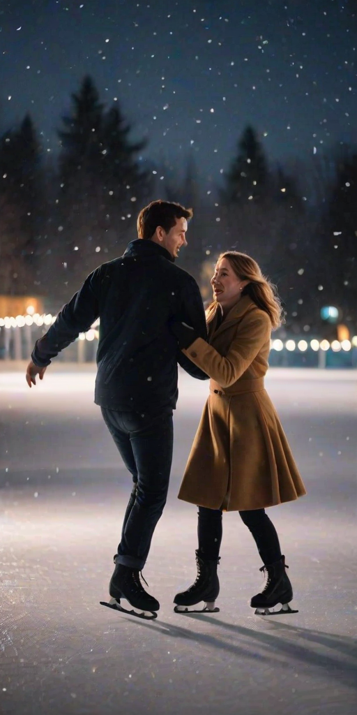 Blurry action shot of a couple ice skating on a frozen pond, with soft snowflakes falling around them and lights strung overhead, casting a warm glow over the scene.