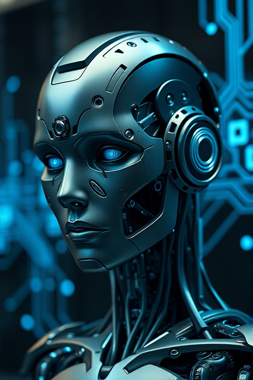 Create an image of a futuristic humanoid robot with intricate mechanical details, set against a dark background featuring glowing blue circuit patterns, captured with a Canon EOS R5, 50mm lens, f/1.8 aperture, ISO 100, with soft lighting to enhance the metallic textures and facial features.