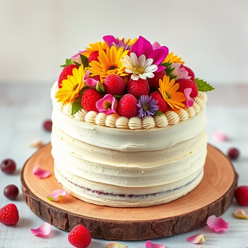 A beautifully decorated two-layer cake with creamy frosting topped with colorful edible flowers and fresh raspberries on a wooden platter with some scattered raspberries and flower petals around it against a soft background.