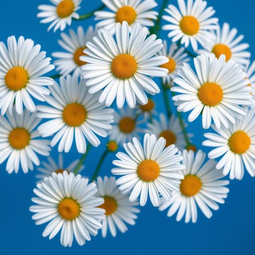 Create a vibrant pattern of white daisies with orange centers against a bright blue background using a macro lens, f/4 aperture, ISO 100, and a focal length of 50mm in a digital photography style.