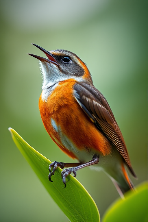 Capture a close-up of a singing bird perched on a vibrant green leaf, using a Canon EOS R5 camera with a 100mm f/2.8 macro lens, ISO 200, aperture f/5.6, shutter speed 1/500s, and a shallow depth of field for a natural bokeh effect in a soft-focus background.
