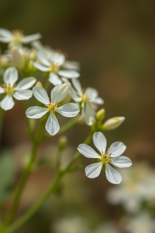 macro shot of delicate white flowers with a blurred natural background, 50mm lens, f/2.8 aperture, 1/200s shutter speed, ISO 100, natural light, DSLR camera
