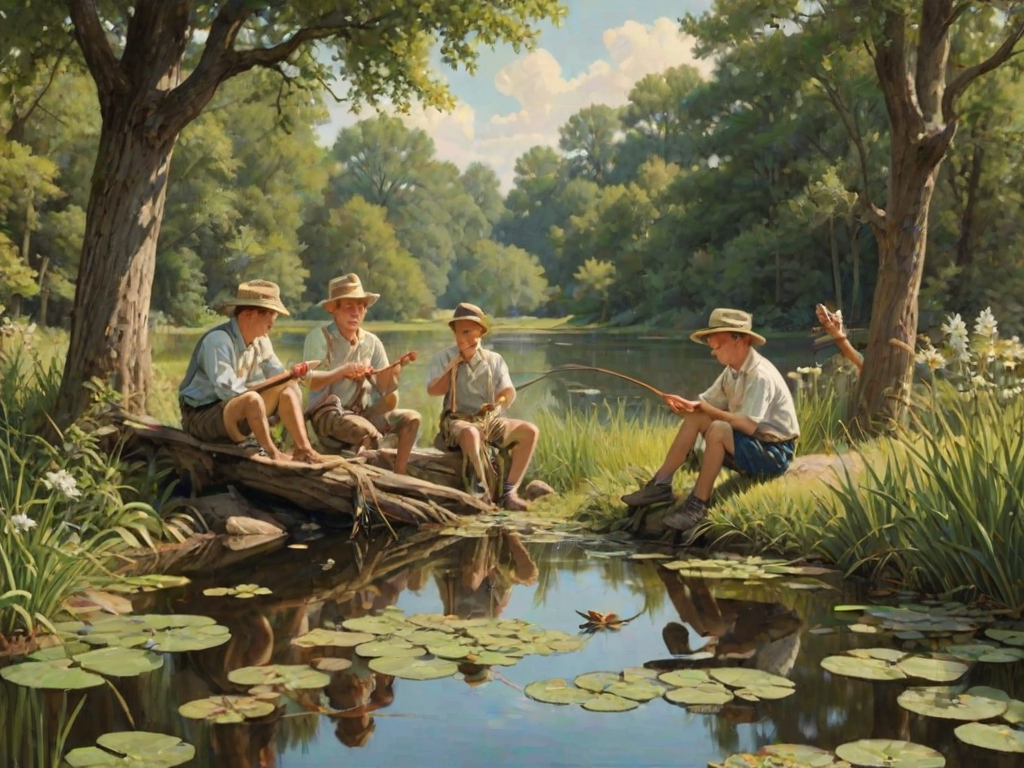 Imagine a small group of old fashioned young boys out fishing by the creek, a swing hanging from a tree branch, reeds and grasses by the water's edge, a frog sitting on a lily pad, dragonflies hovering over som water plans, a very iconic old fashioned scene reminiscent of a Norman Rockwell painting style