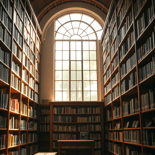 A cozy library with tall wooden bookshelves filled with books, sunlight streaming through a large arched window, warm color palette, shot with a Canon EOS R5, 35mm lens, f/1.8 aperture, ISO 100, soft focus for a dreamy effect.
