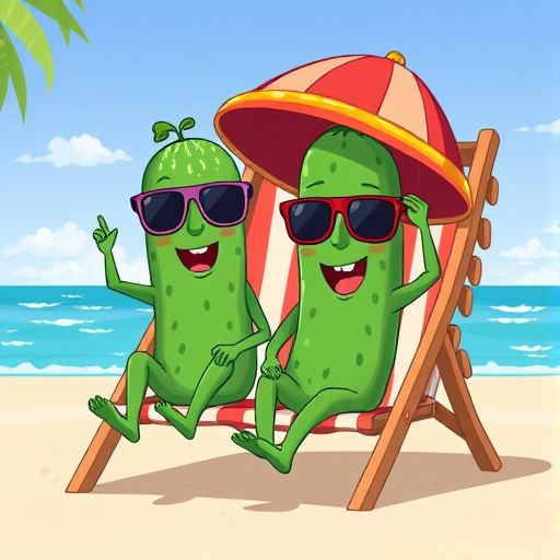 Create an illustration of two cartoon cucumbers relaxing on a beach chair with sunglasses, one applying sunscreen, in bright colors and playful style, using a digital drawing technique, high resolution, 300 DPI, 3-point lighting setup, and vibrant color palette.