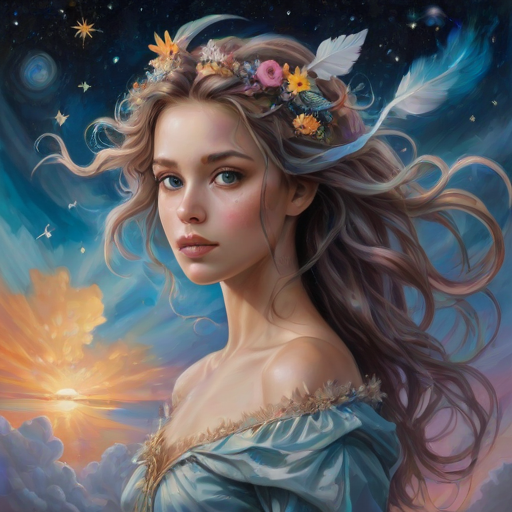 Create a series of imaginative portraits where each subject is infused with elements of fantasy and nature. The hair of the individuals should flow like clouds, varying from soft, fluffy cumulus to wispy cirrus strands, with hints of color reflecting a sunset or a clear blue sky. The eyes should be windows to entire galaxies, with stars, nebulae, and distant planets visible within them. Clothing should be adorned with nature motifs, such as floral patterns that bloom and change, vines that seem to grow and wrap around, or feathers that shimmer with iridescence. Each portrait should capture a unique personality, blending human features with the ethereal beauty of the natural and cosmic world. The backgrounds can vary, from starry night skies to enchanted forests, adding depth and context to the magical realism of the portraits