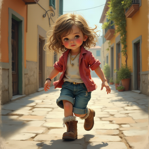 Whimsical little 3-year-old girl wearing scruffy tomboy clothes, boots, messy hair heavily blushed cheeks, pink lips, closely dancing in the street of an Italian village,Textured painterly fantasy artistic mixed media
