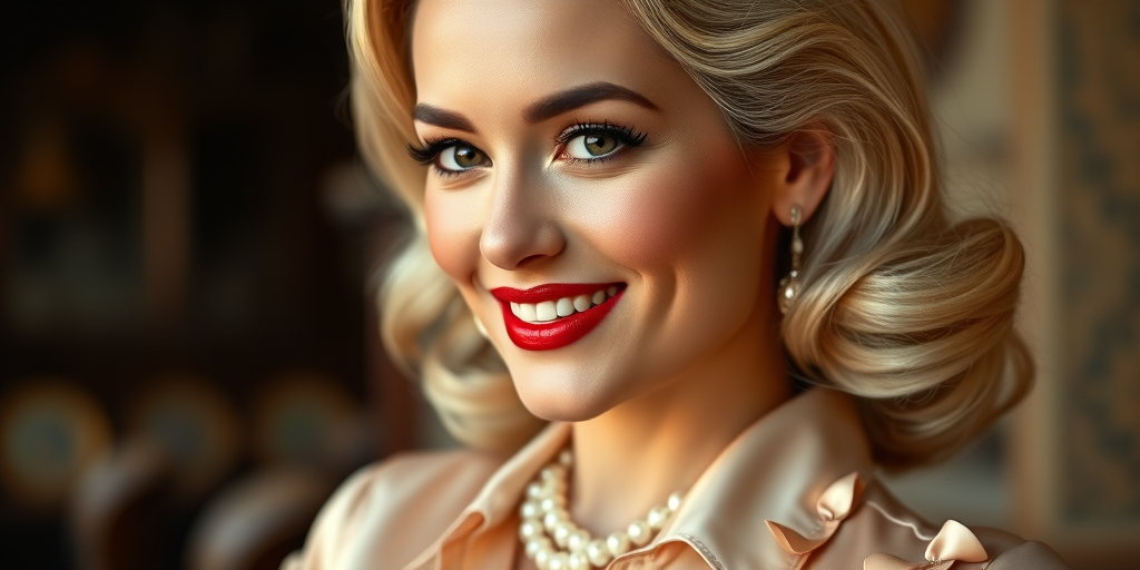 A beautiful Maori woman reminiscent of 1950s Hollywood glamour, with perfectly styled blonde hair and a seductive smile, dressed in a satin blouse and adorned with pearls, soft and warm tones, photorealistic, 8K