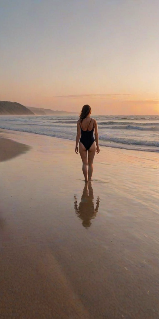 Deserted beach at dawn, soft waves lapping against the shore, a woman in a swimsuit stands knee-deep in the water, watching the first light of the sun rise over the horizon.
