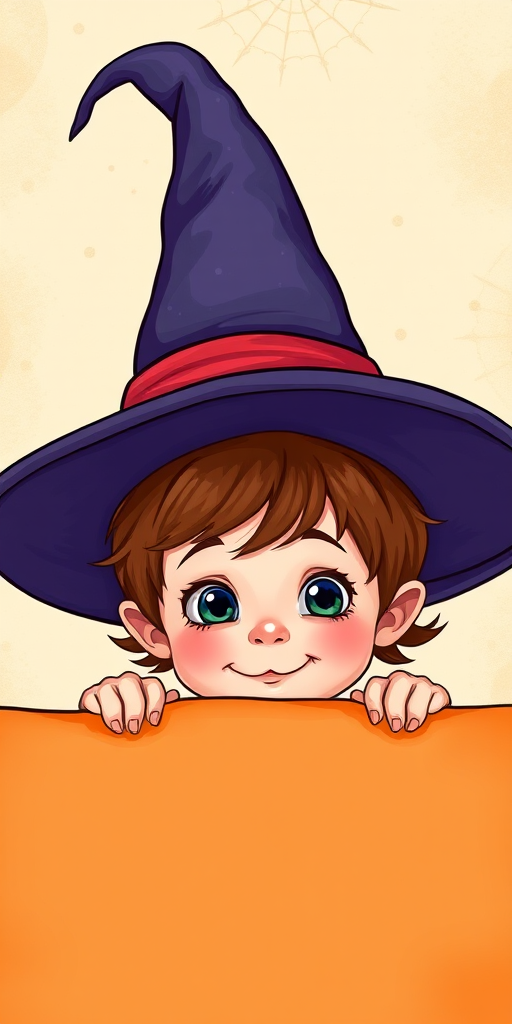 Create a whimsical illustration of a cute child wearing a large witch hat, peeking over a blank orange banner, with a bright and cheerful background; camera settings: f/2.8 aperture, ISO 200, shutter speed 1/125; camera view: close-up; camera style: vibrant colors; camera type: digital DSLR.