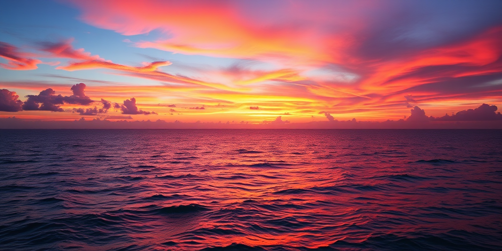 Create a high-resolution image of a sunset over the ocean with vibrant colors, using a DSLR camera, 50mm lens, f/2.8 aperture, ISO 100, and a shutter speed of 1/200s, taken at eye level with a wide-angle view to capture the horizon and reflections on the water.