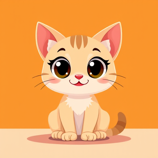 create a digital illustration of a cute cartoon cat with big eyes sitting on a flat surface, vibrant orange background, use a 50mm lens, aperture f/2.8, focal length 50mm, ISO 100, soft focus style, high-resolution digital art