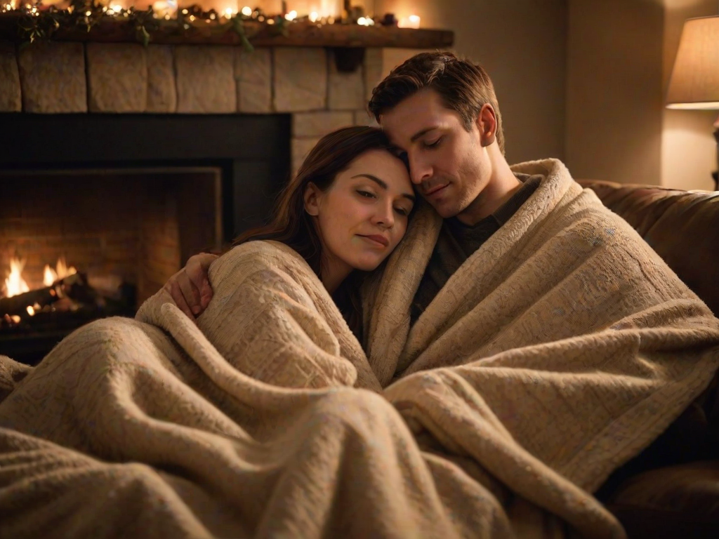 Warm, intimate image of a couple snuggling under a blanket on a couch, soft glow from a nearby fireplace casting warm shadows, with the sound of crackling wood and the smell of pine filling the room.