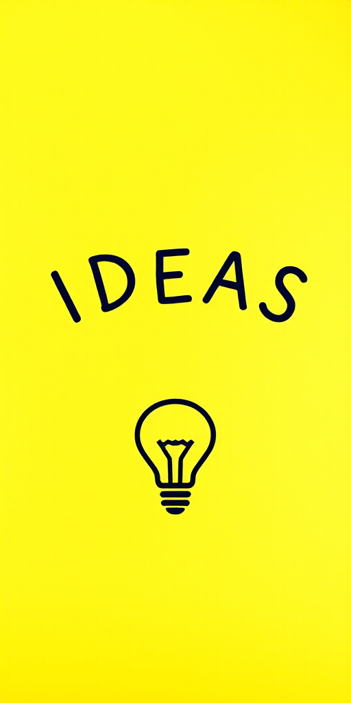 Generate an image featuring a bright yellow background with the word "IDEAS" in bold black letters above a black light bulb icon, captured with a DSLR camera at f/8 aperture, 1/250 shutter speed, ISO 100, using a top-down view, with vibrant colors and high contrast for clarity.