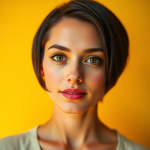 portrait of a woman with short black hair and warm brown eyes against a vibrant yellow background, natural light, aperture f/1.8, ISO 100, 85mm lens, taken with a DSLR camera, shallow depth of field for a soft background blur, focus on facial features, well-lit with soft shadows